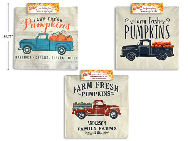 Carton of 12 Harvest Pumpkin Truck Printed Jute Cushion Cover