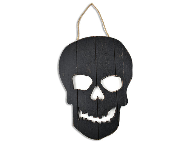 Carton of 24 11-3/8in(H) x 8.25in(W) Hween Die-Cut Skull MDF Hanging Plaque. Jute Hanger. Cht.