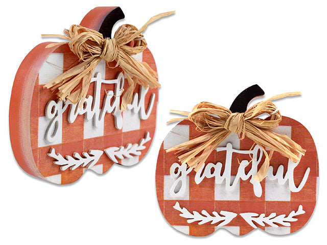 Carton of 12 Harvest Wooden Buffalo Plaid Pumpkin Tabletop Decor With Raffia Ribbon