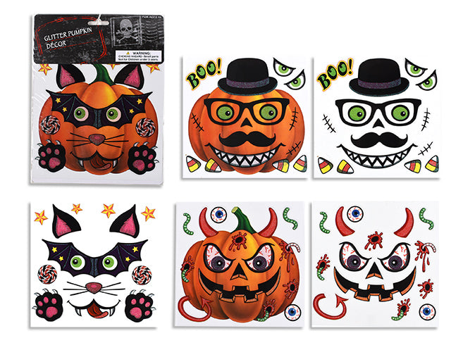 Carton of 24 Halloween Glitter Pumpkin Face Decoration Stickers