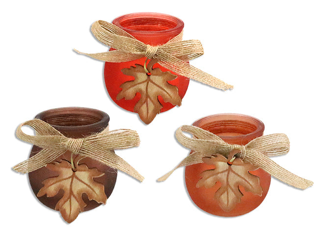 Carton of 24 Harvest Frosted Glass Candle Holder With Maple Leaf Toggle