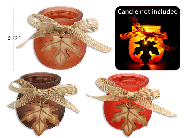 Carton of 24 Harvest Frosted Glass Candle Holder With Maple Leaf Toggle