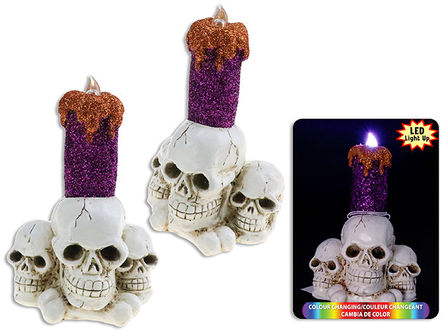 Carton of 12 Halloween Battery Operated Led Polyresin Glitter Skull Candle Tabletop Decoration