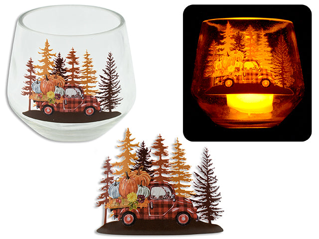 Carton of 24 Harvest Buffalo Plaid Pumpkin Truck Glass Candle Holder