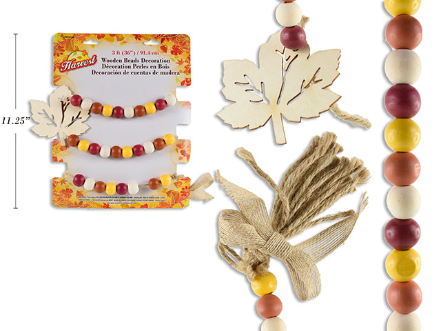 Carton of 24 Harvest Beaded Wooden Decoration With Die Cut Maple Leaf And Jute Tassel