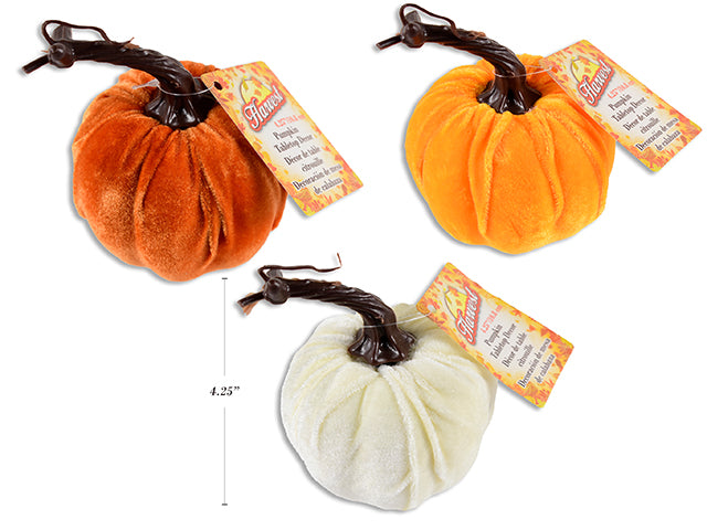 Carton of 24 4.25in Flocked Pumpkin Tabletop Decor. 3 Asst.Colours. Cht.