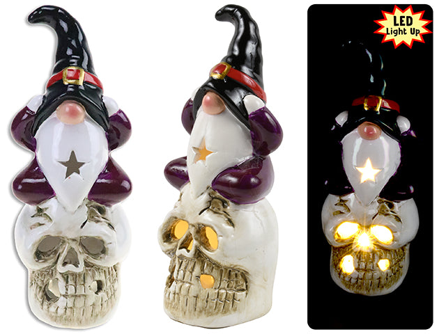 Carton of 12 Halloween Battery Operated Led Terracotta Wizard Gnome Sitting On A Skull Tabletop Decor Small