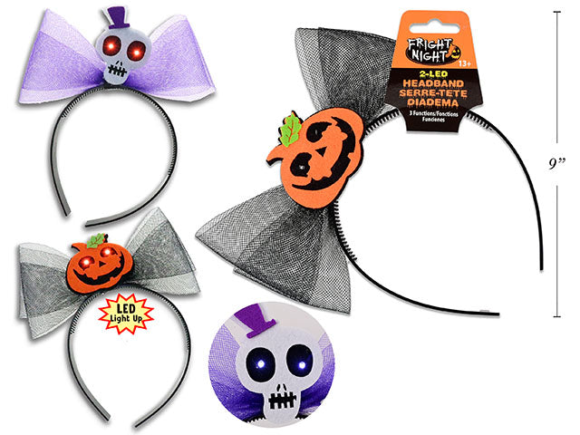 Carton of 24 7in x 8.5in B/O 2-LED Hween Light-Up Mesh Bow w/ Tip-On Headband. 2 Asst.Styles. 3 Functions. h/c.