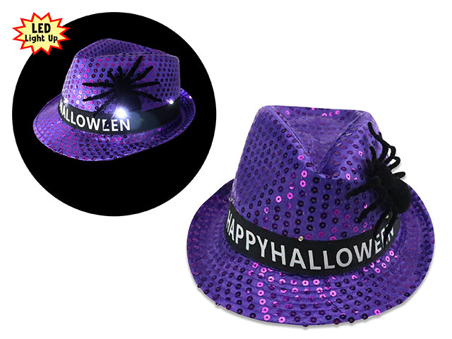 Carton of 12 Halloween Battery Operated Sequin Fedora Hat With Spiders