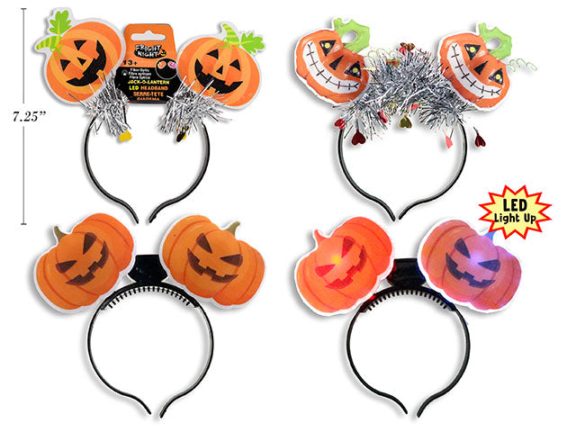 Carton of 24 8.25in Hween B/O Fiber Optic 2-LED PVC Jack-o-Lantern Headband. 3 Asst. h/c.