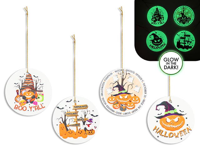 Carton of 24 3in Hween GID Ceramic Ornament w/Ribbon Hanger. 4 Asst.Styles. Cht.