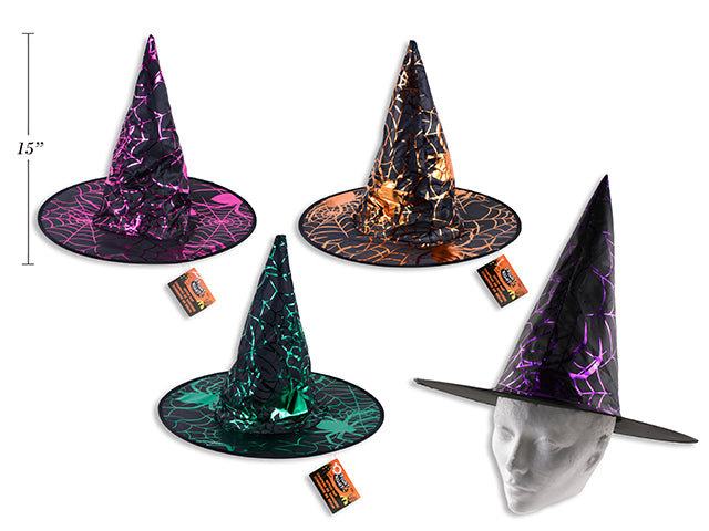 Carton of 24 15in x 13.75in Hween Foil Printed Witch Hat. 4 Asst.Colours. J-hook w/Cht.