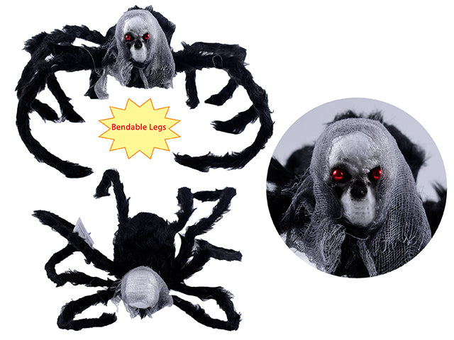 Carton of 12 Halloween Skull Head Spider With A Creepy Clot Shroud And A Pliable Giant Plush Fur Leg