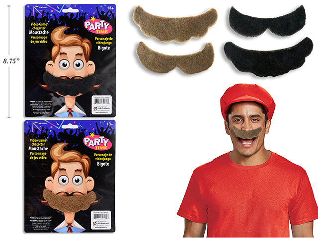 Carton of 24 Hween Video Game Character Disguise Moustache. 2 Asst.x 2 Cols: Black / Brown. Polybag w/Insert.