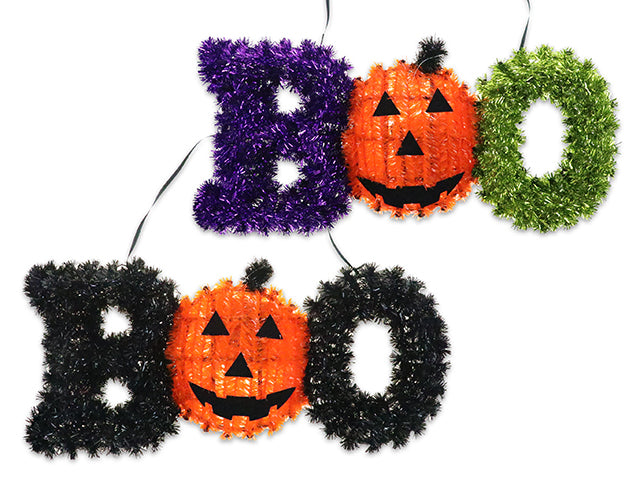 Carton of 24 Halloween Jack O Lantern Boo Tinsel Plaque