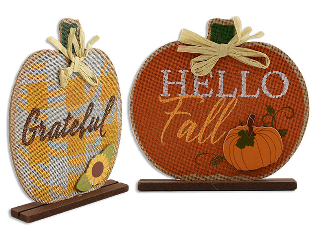 Carton of 24 7.28in Harvest Pumpkin Tabletop Decor w/ Tip-On & Straw Ribbon. 2 Asst.