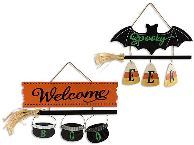 Carton of 24 16.75in Hween 3-Section MDF Hanging Plaque w/ Broom + 3pcs Die-Cut. 2 Asst. Cht.