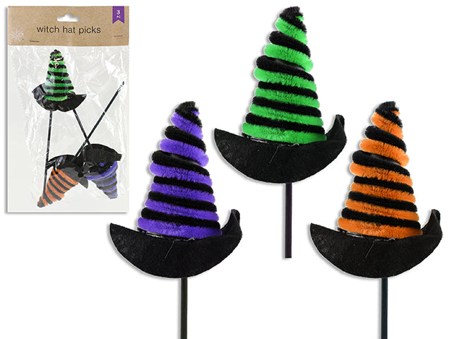 Carton of 24 3pk 8in Hween Chenille Witch Hat Picks. 3 Cols/Pack. Pbh.