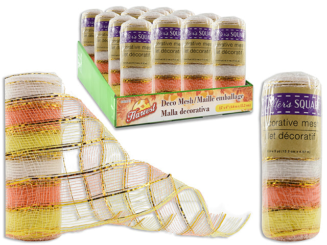 Carton of 24 6in x 15ft Harvest Tinsel Candy Corn Deco Mesh Wrap. 24/Dsp.