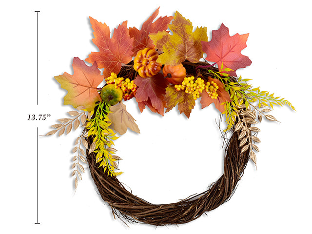 Carton of 12 13.75in Harvest Maple Leaves w/Pumpkins Rattan Wreath. Cht.