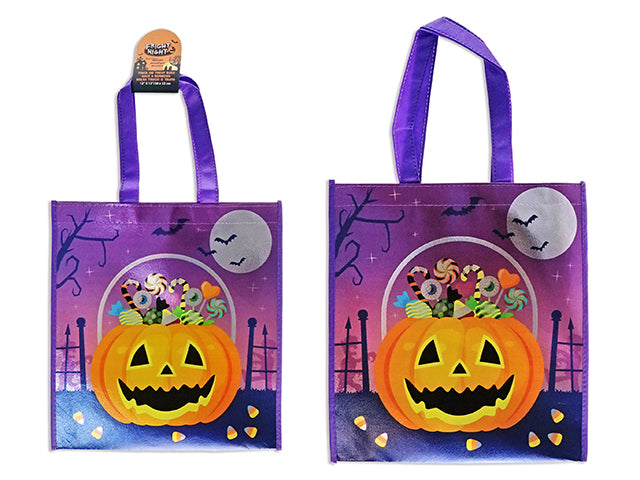 Carton of 24 12.75in x 11-7/8in Hween Metallic Coated Non-Woven Trick or Treat Bag. 20.5in w/ Handle. Cht.