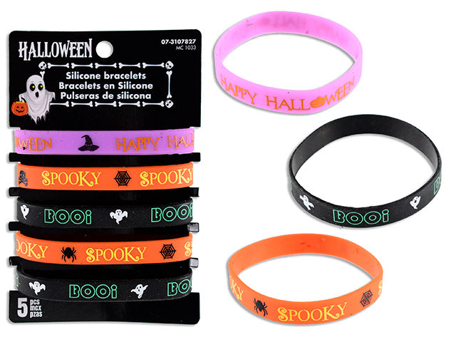 Carton of 24 5pk Hween Printed Silicone Bracelets. 5 Assorted Styles per Pack. T.o.c.