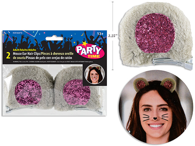 Carton of 24 2pk 3.25in x 3.25n Adult Plush Mouse Ear Hair Clips w/Confetti Glitter Patch. Pbh.