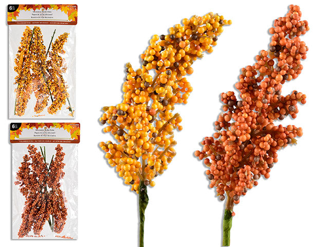 Carton of 24 6pk 7.3in Harvest Decorative Millet Picks. 2 Asst.Cols: Yellow / Orange. Pbh.