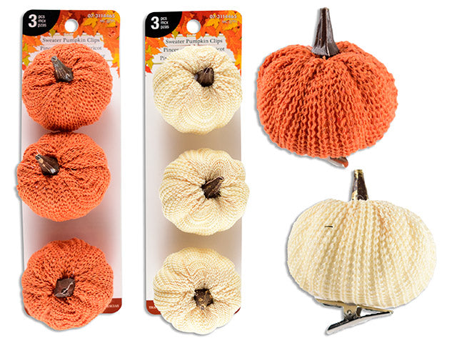 Carton of 24 3pk 53mm Knitted Fabric Pumpkin Clips. 2 Cols: White / Orange. T.o.c.