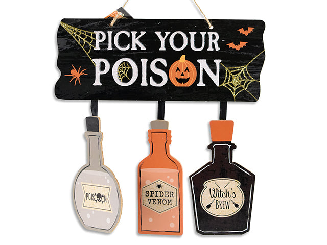 Carton of 24 11-1/8in x 10.25in Hween Glitter MDF Hanging Plaque w/3 Dangling Bottles. Jute Hanger. Cht.