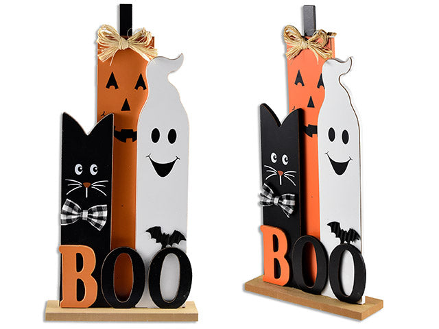 Carton of 12 17.5in x 8-5/8in Hween BOO MDF Tabletop Decor w/ Metal Bat + Straw & Plaid Bow.