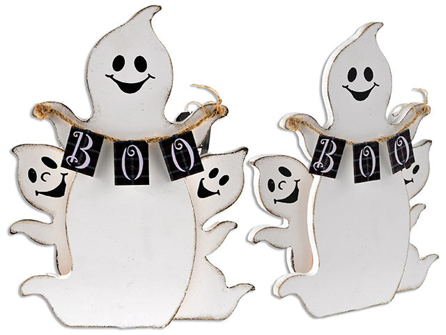 Carton of 12 12.75in x 9-3/8in 2-Layered Ghost w/BOO Banner MDF Tabletop Decor. Cht.