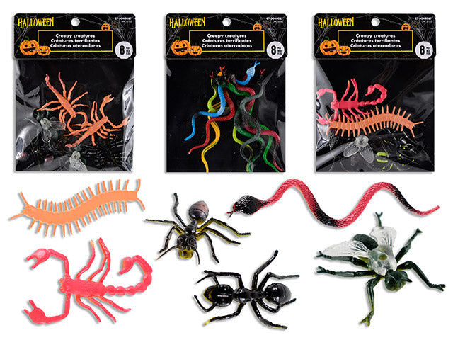 Carton of 24 Creepy Creatures Assortment. 2 Asst. 6pk / 8pk. Asst.Designs/Pk: 1-1/8in to 2.75in. Fold Over h/c.