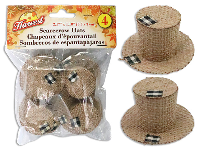 Carton of 24 4pk 2.17in x 1.18in Canvas Scarecrow Hats. 2 Asst.Colours. Pbh.