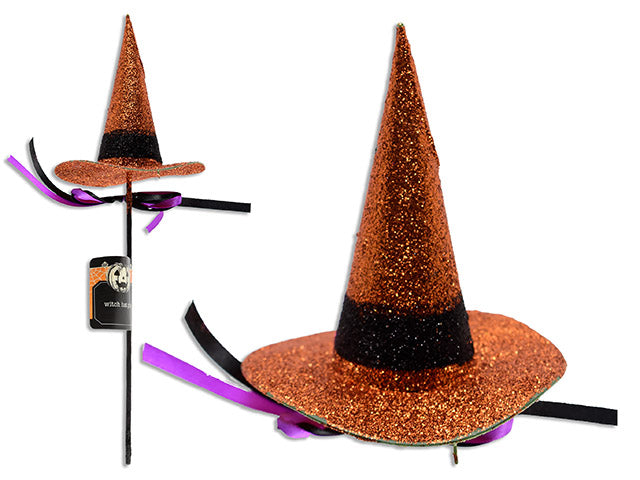 Carton of 12 12.6in Glitter Witch Hat Pick w/Satin Ribbon. Hat Size: 4.5in(H) x 4in(D). Cht.