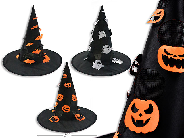 Carton of 24 17in(D) x 14.4in(H) Hween Satin Witch Hat w/ Die-Cut Flipped Out Icon. 3 Asst. J-Hook w/Cht.