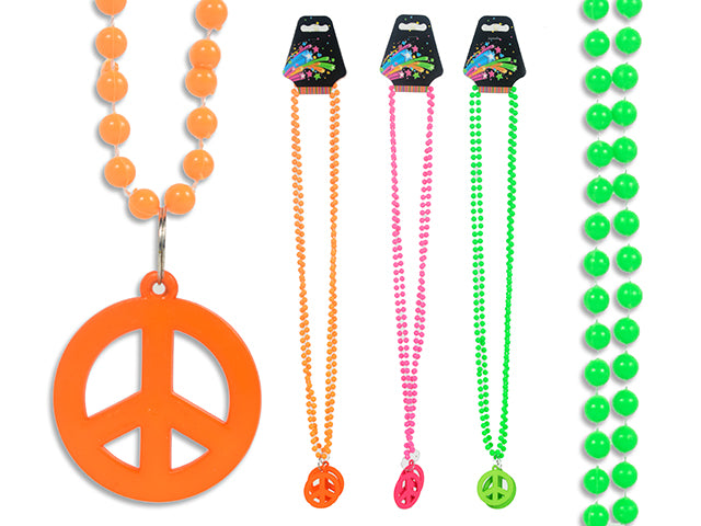 Carton of 24 2pk 32in Neon Beaded Necklace w/Peace Pendant. 4 Asst.Colours. Wrap Header.