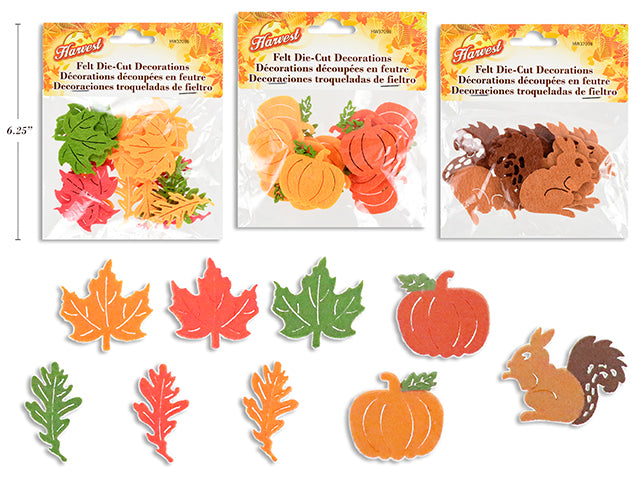 Carton of 24 Harvest Felt Die-Cut Decorations. 3 Styles: Squirrel / Pumpkin / Maple Leaf. Pbh.