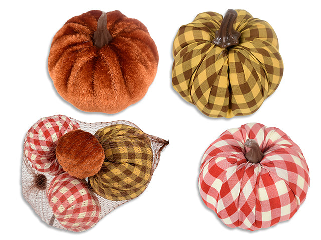 Carton of 12 4pcs Fabric Pumpkin Decoration. Incl: 3pcs Plaid + 1pc Flocked. Meshbag w/Cht.