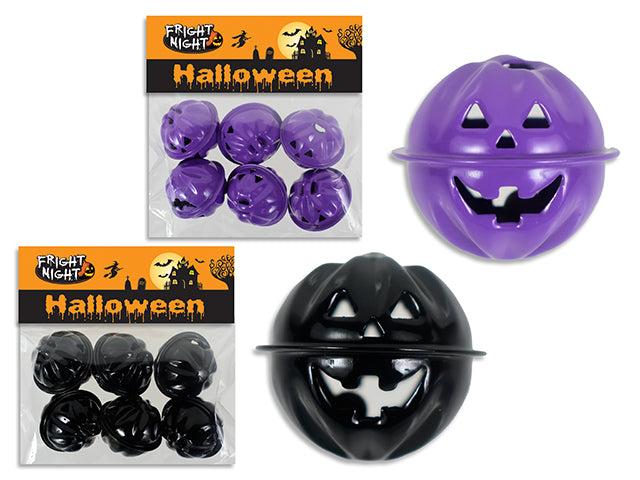 Carton of 24 6pk Hween 25mm X 28mm Jack-o-Lantern Metal Bell. 2 Cols: Black / Purple. Pbh.