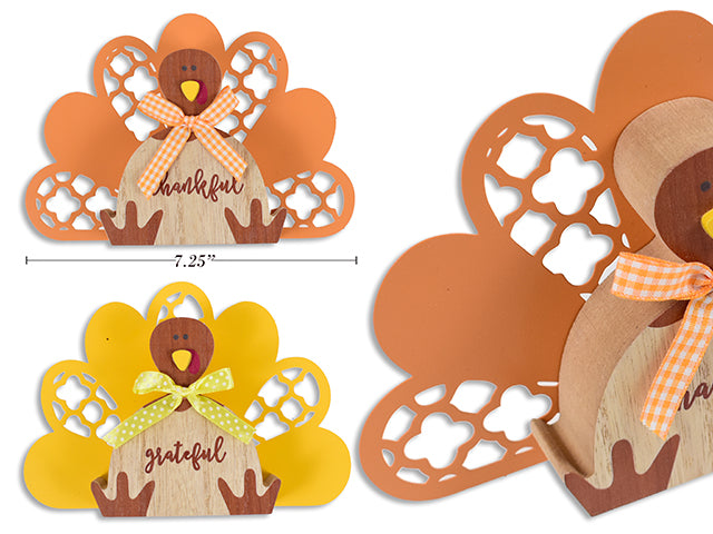 Carton of 12 7.2in x 4.8in Harvest MDF Turkey w/Metal Wings Tabletop Decor. 2 Asst.Cols.