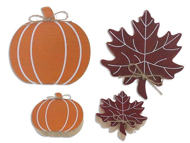 Carton of 24 Harvest MDF Die-Cut MDF Tabletop Decor w/Jute Ribbon. 2 Asst.: Maple Leaf / Pumpkin.