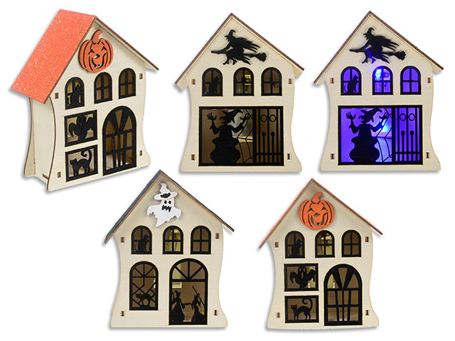 Carton of 12 5.91in(H) Hween B/O LED 3-D MDF Haunted House. 3 Asst.Styles. Kraft Box w/Col.Label.