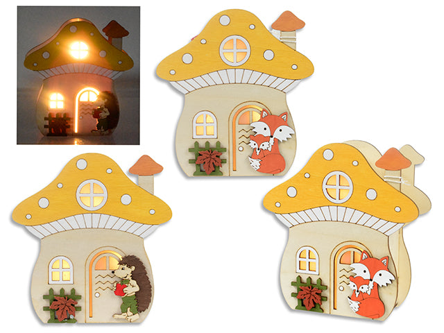 Carton of 12 6.3in(H) Harvest B/O LED 3D MDF Decor Mushroom House. 2 Asst.Styles. Kraft Box w/Col.Label.