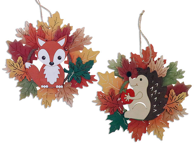 Carton of 12 8.66in Harvest 3-D Layered Wooden Maple Leaf w/Animal Hanging Decoration. 2 Asst. Cht.