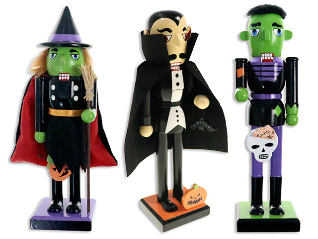 Carton of 12 9.45in Hween Character Nutcracker w/Square Base. 3 Asst: Vampire / Frankenstein / Witch. Cht.