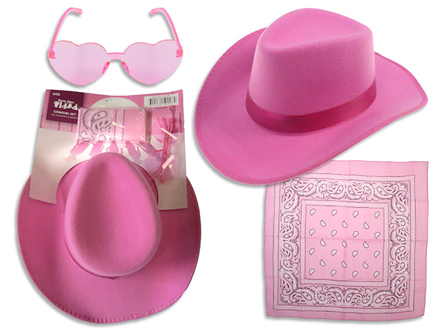 Carton of 12 Set/3 Adult Pink Cowboy Costume Set. Incl: Felt Cowboy Hat / Bandana / Sunglasses. T.o.c.