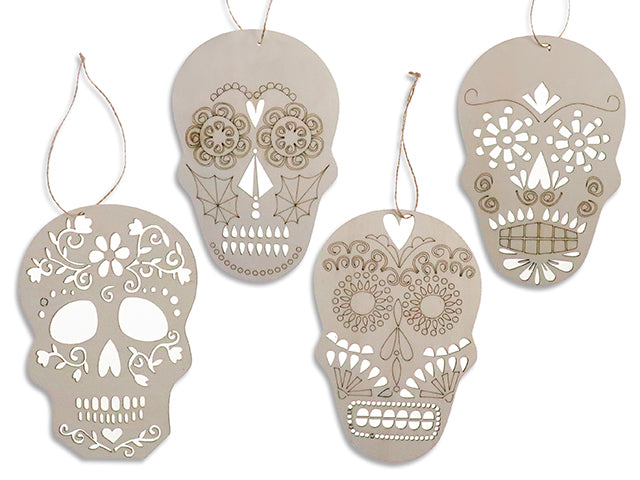 Carton of 24 5.8in x 7.8in Hween Decor Your Own Day of the Dead MDF Plaque w/Jute Hanger. 4 Asst.Styles. Cht.