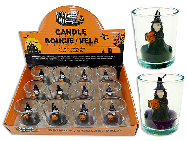 Carton of 24 2-1/8(TD) x 2-5/8in(H) Hween Witch Candle in Glass Holder. 2 Asst.Colours. 12/Dsp.