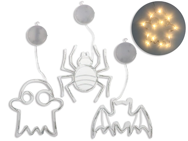 Carton of 12 Hween B/O LED Die-Cut Window Decor w/Suction. 3 Asst.Styles. White Box w/Col.Label.